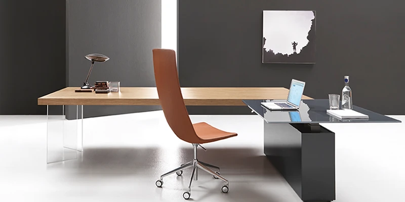 Double bureau en verre, bois et plexiglas