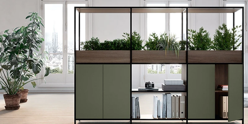Armoire ouverte pour stockage de bureau, style aéré